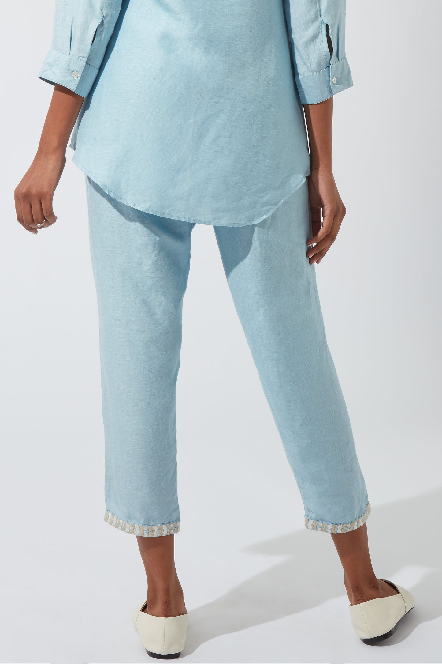 Crystal Blue Pants With Embroidered Hem