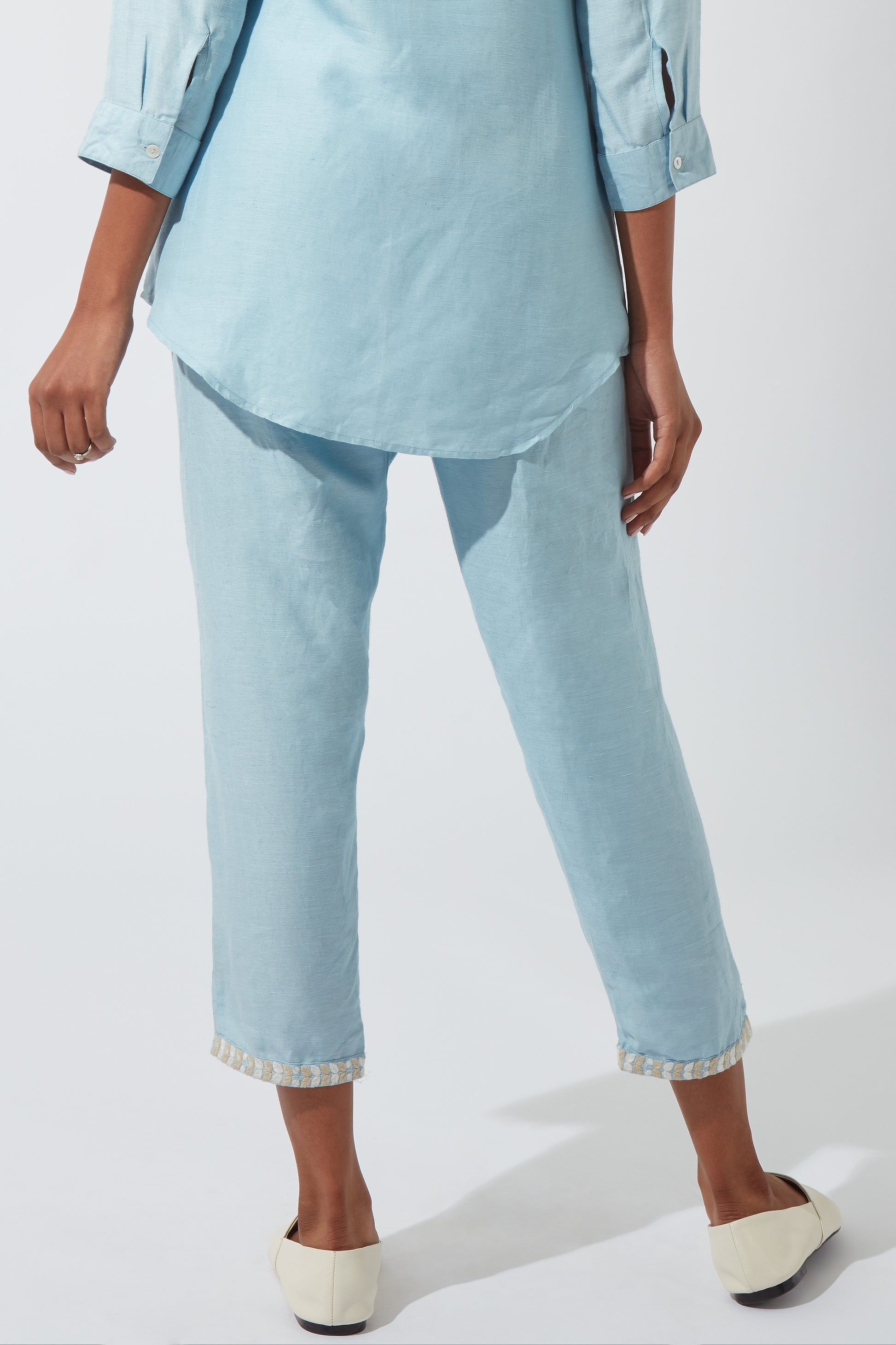 Crystal Blue Pants With Embroidered Hem