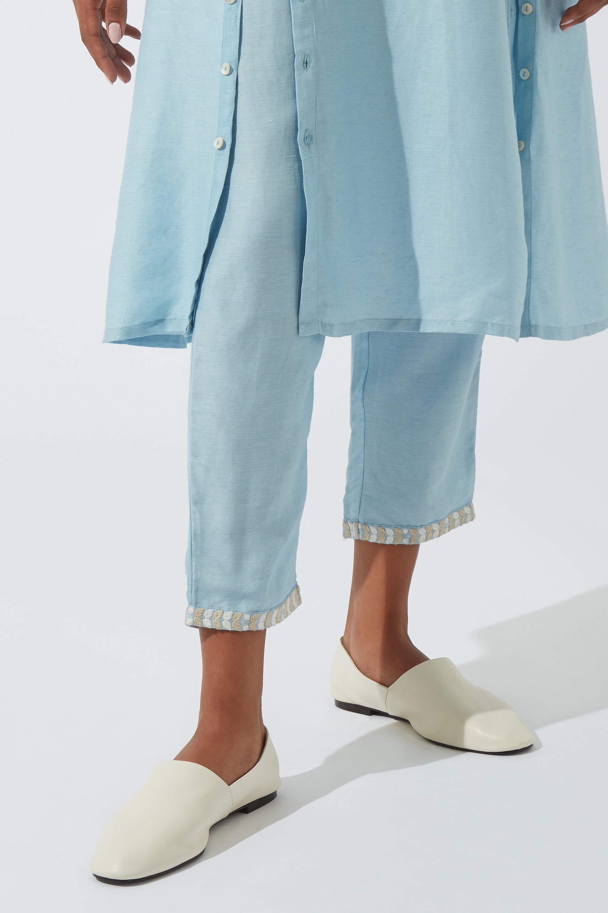 Crystal Blue Pants With Embroidered Hem