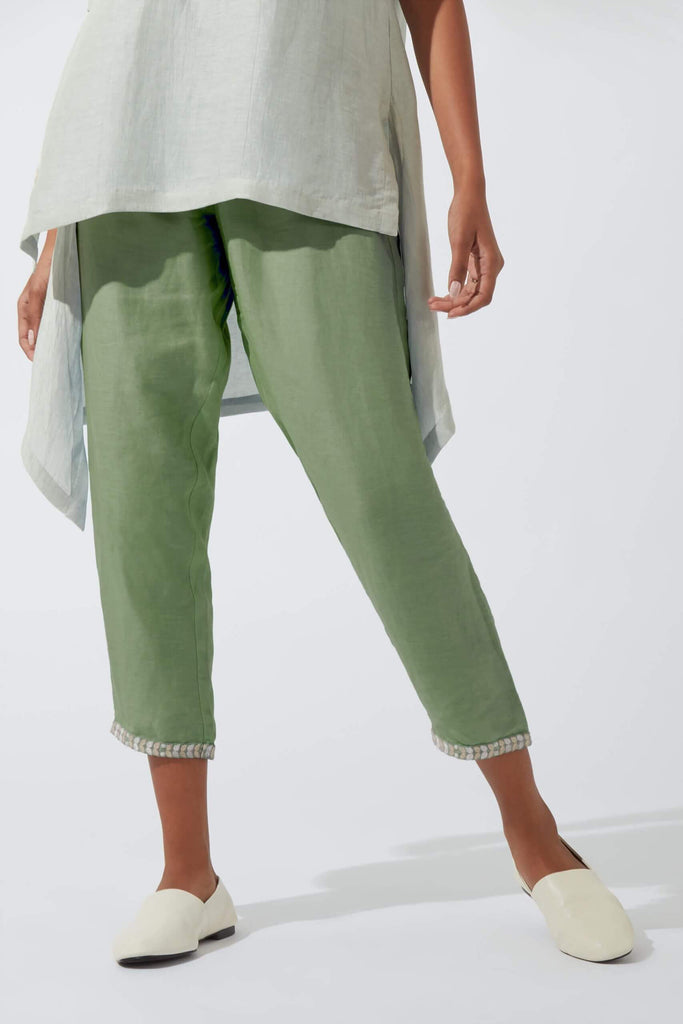 Frost Green Pants With Embroidered Hem