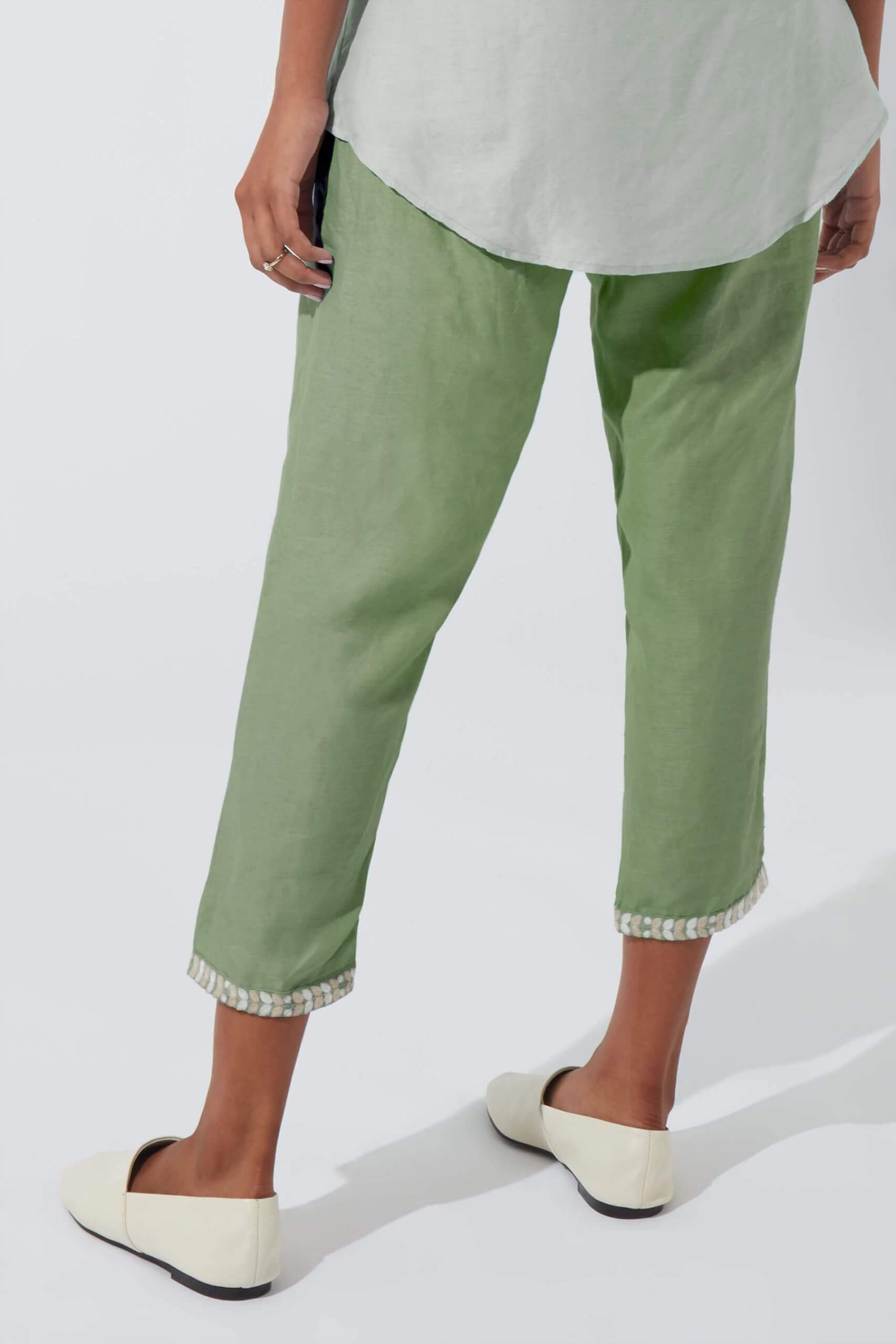 Frost Green Pants With Embroidered Hem
