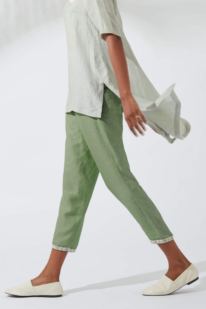 Frost Green Pants With Embroidered Hem