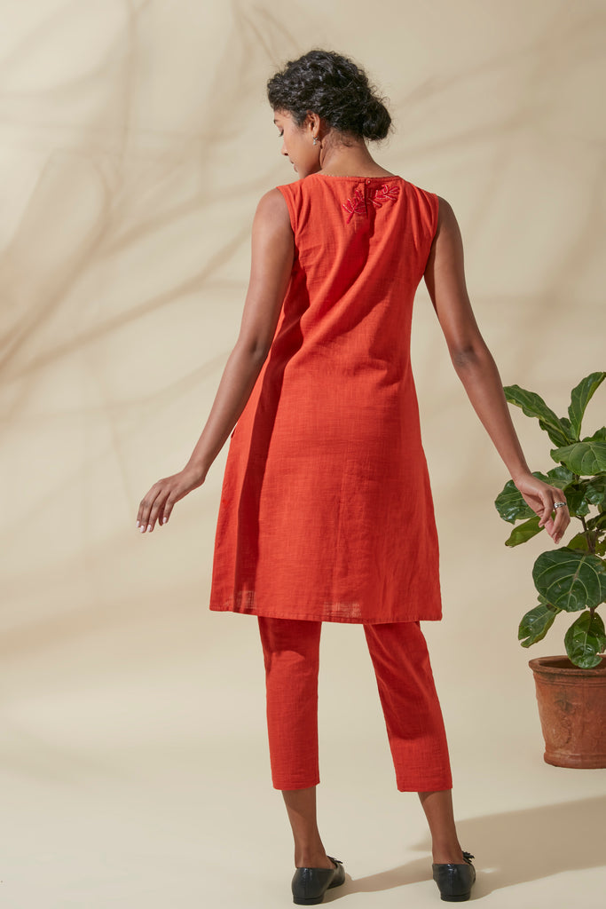 Crimson Pocket Embroidered Dress