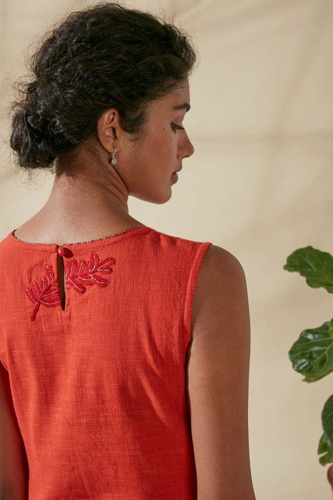 Crimson Pocket Embroidered Dress