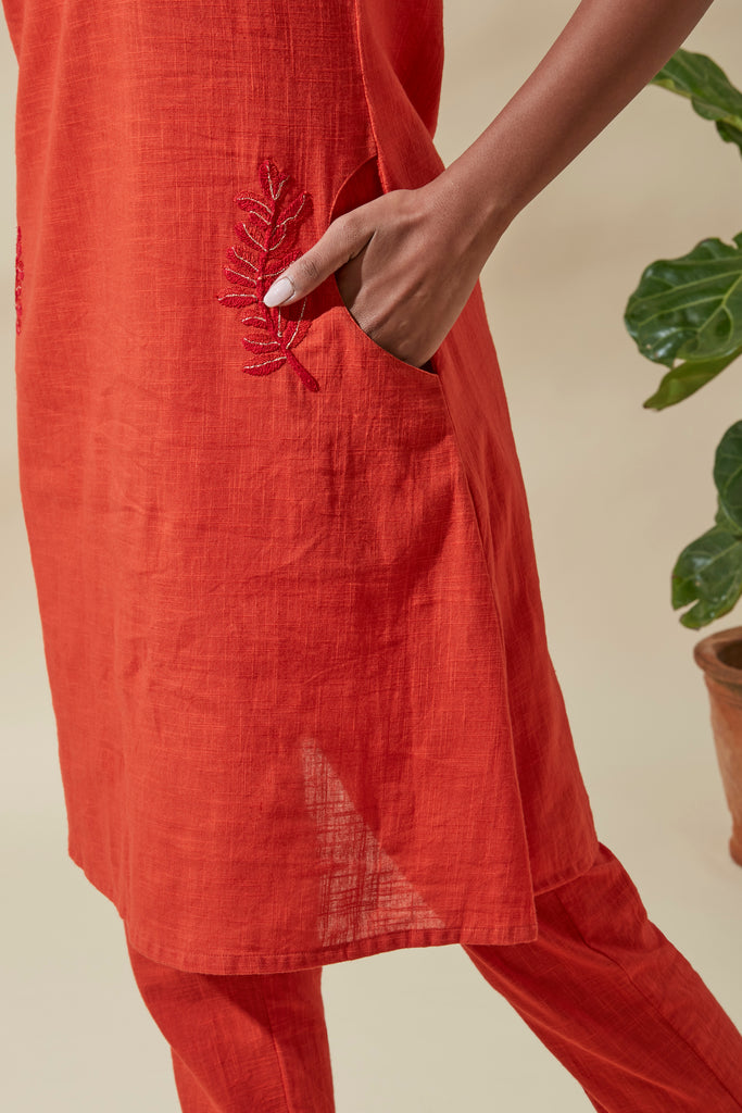 Crimson Pocket Embroidered Dress