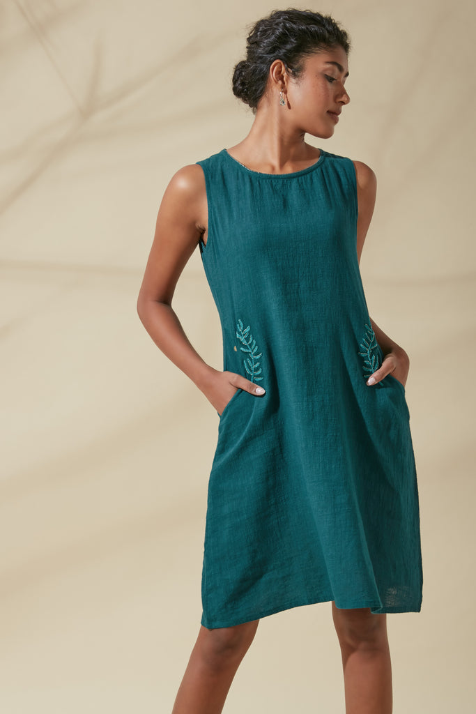 Teal Pocket Embroidered Dress