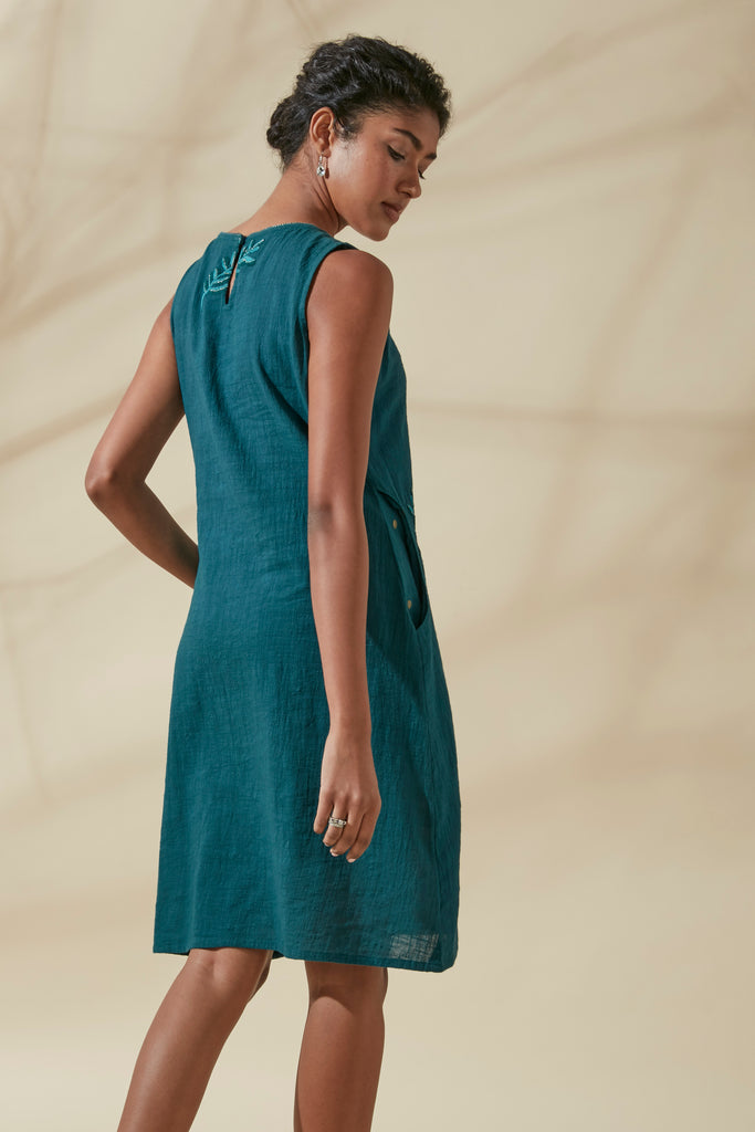Teal Pocket Embroidered Dress