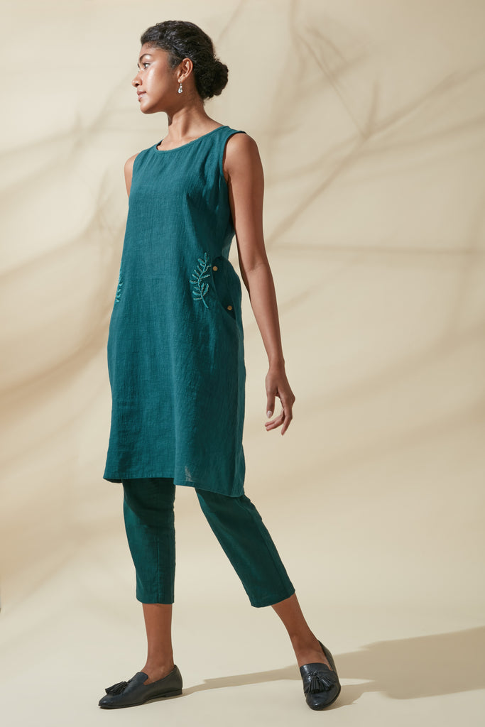 Teal Pocket Embroidered Dress