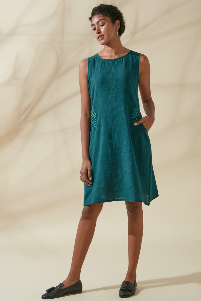 Teal Pocket Embroidered Dress