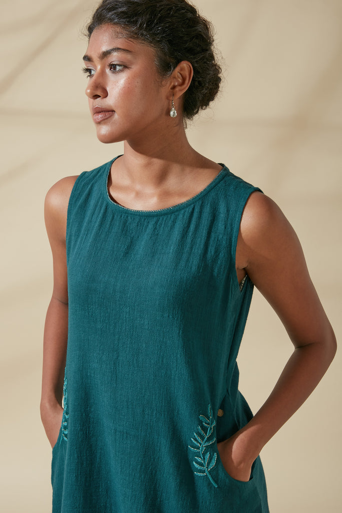Teal Pocket Embroidered Dress