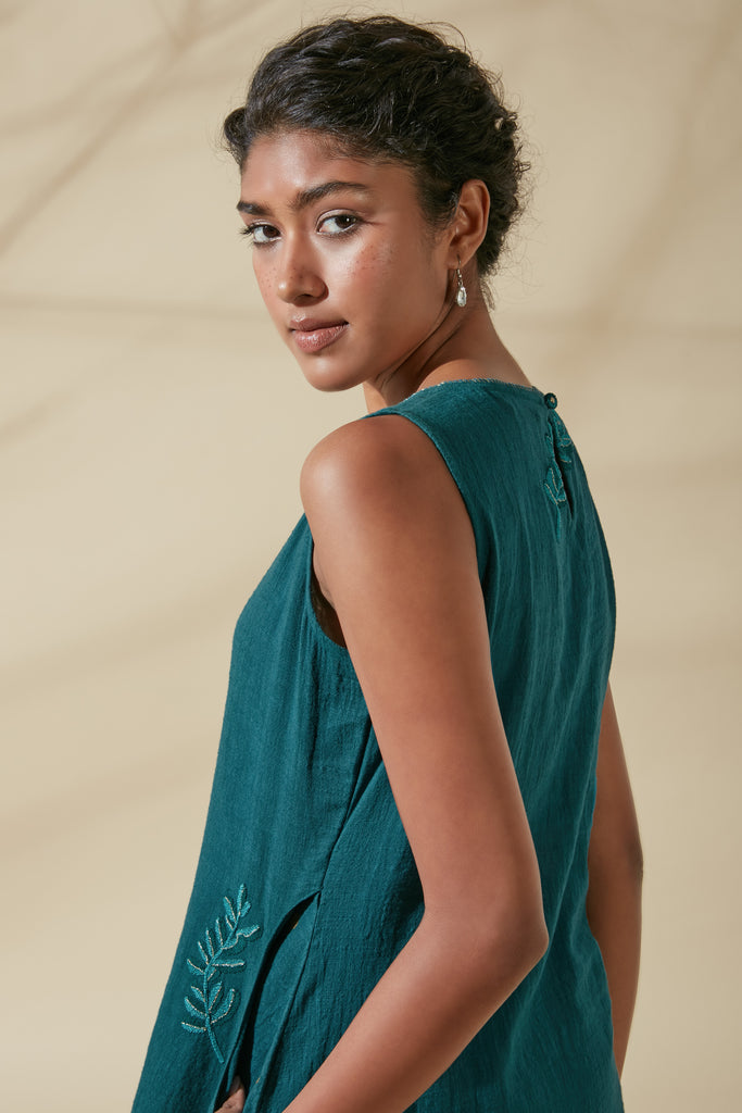 Teal Pocket Embroidered Dress
