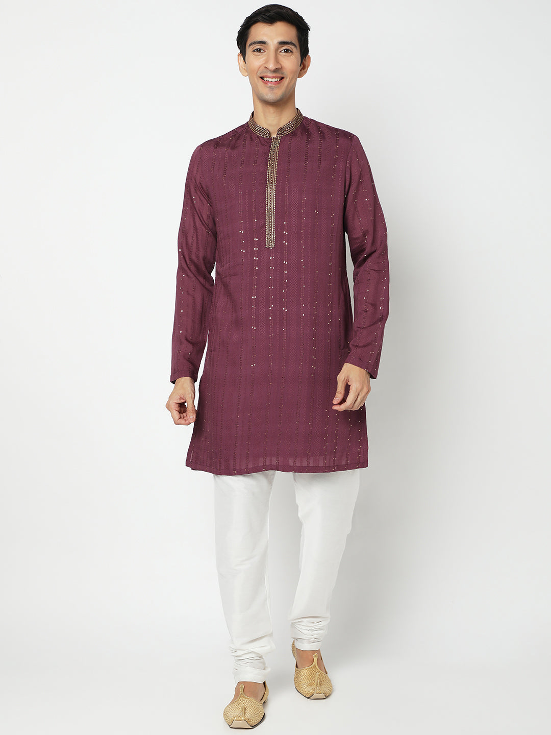 Men's Purple Polyester Embellished Kurta