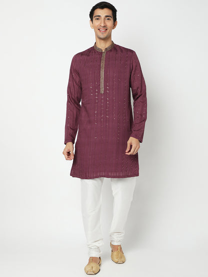 Men's Purple Polyester Embellished Kurta