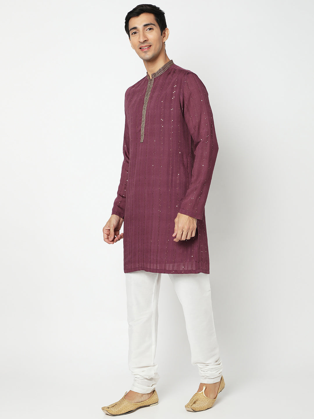 Men's Purple Polyester Embellished Kurta
