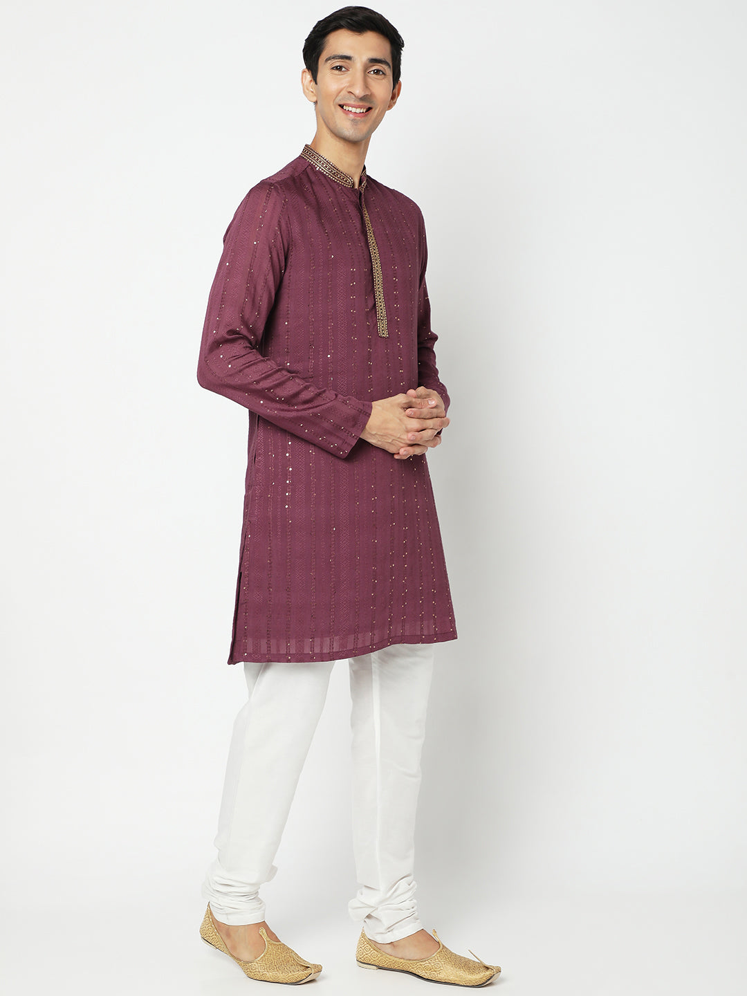 Men's Purple Polyester Embellished Kurta