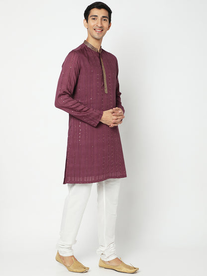 Men's Purple Polyester Embellished Kurta