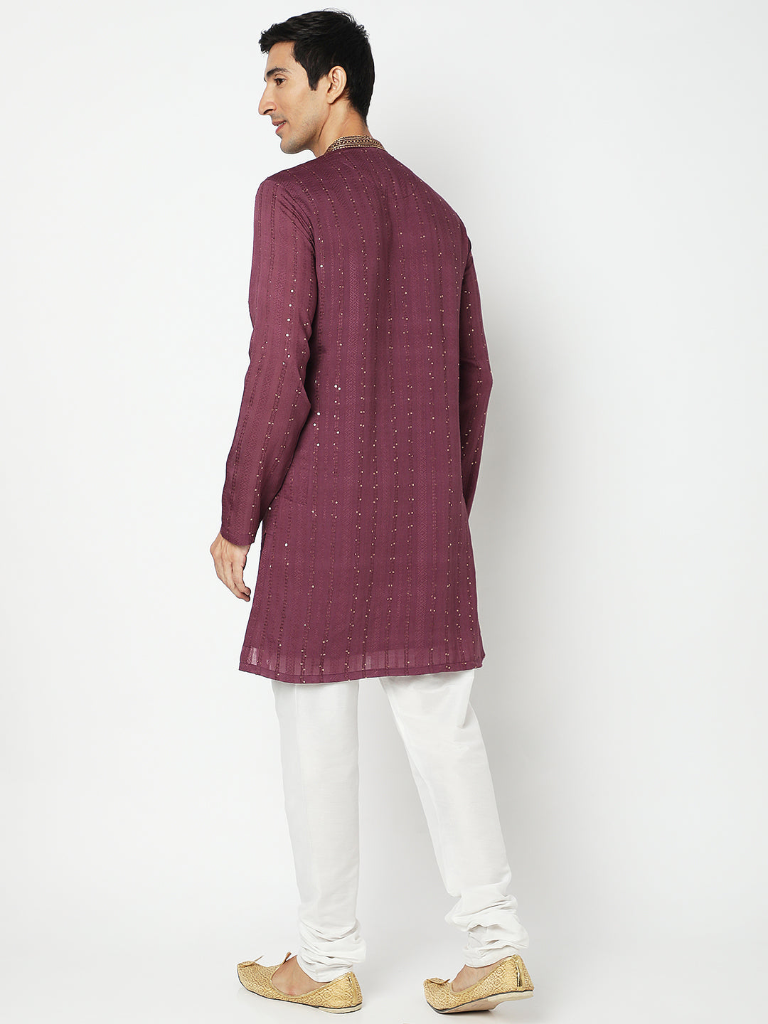 Men's Purple Polyester Embellished Kurta