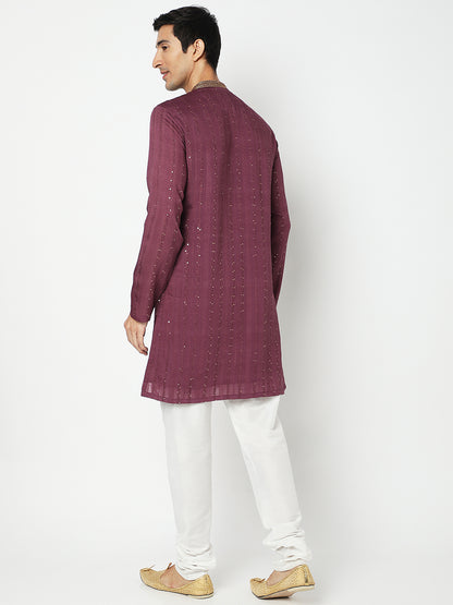 Men's Purple Polyester Embellished Kurta
