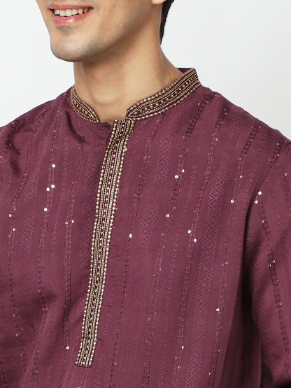 Men's Purple Polyester Embellished Kurta