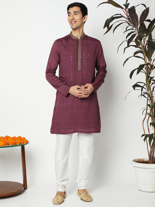 Men's Purple Polyester Embellished Kurta