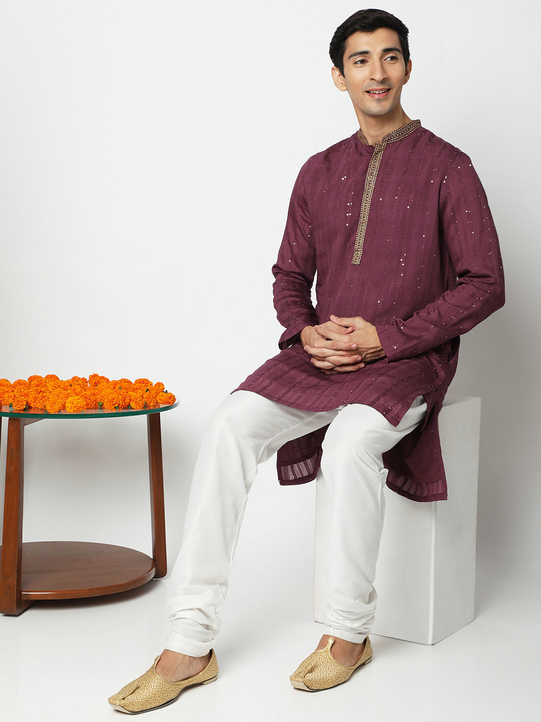 Men's Purple Polyester Embellished Kurta