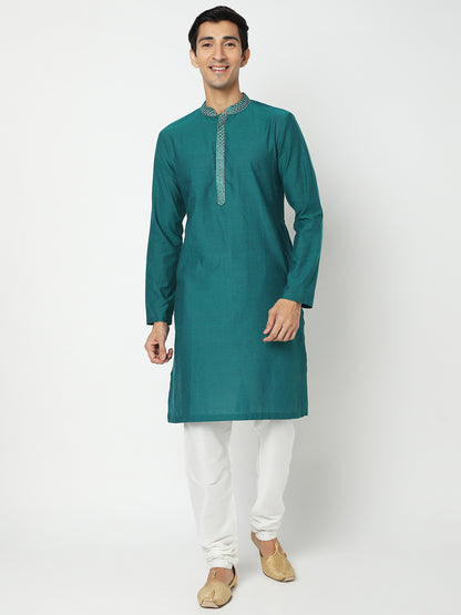 Men's Bottle Green Cotton Embroidered Kurta