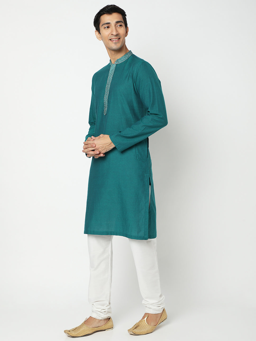 Men's Bottle Green Cotton Embroidered Kurta