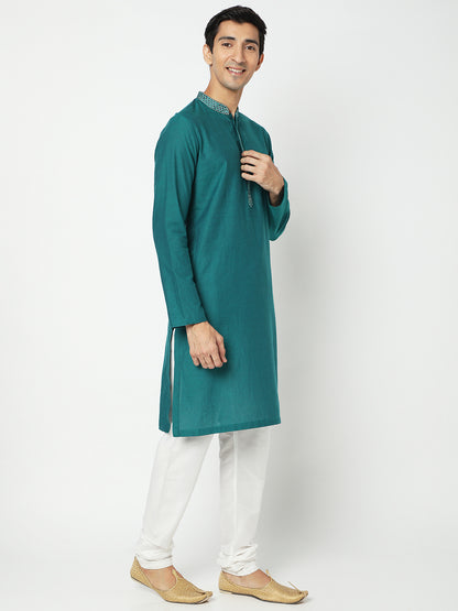 Men's Bottle Green Cotton Embroidered Kurta