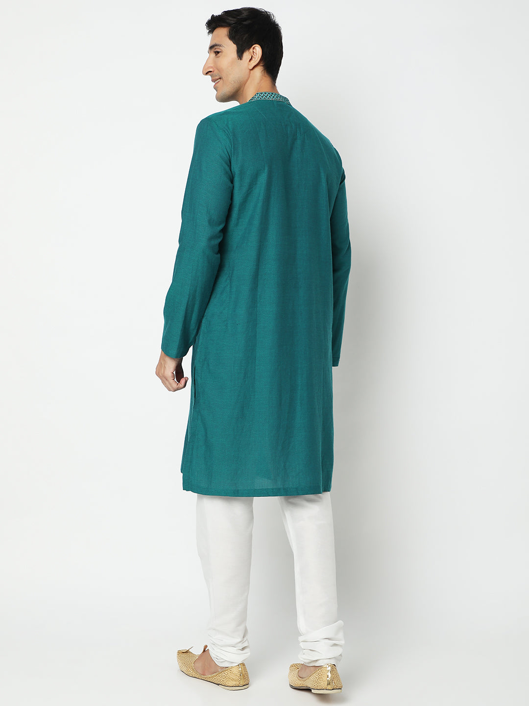 Men's Bottle Green Cotton Embroidered Kurta