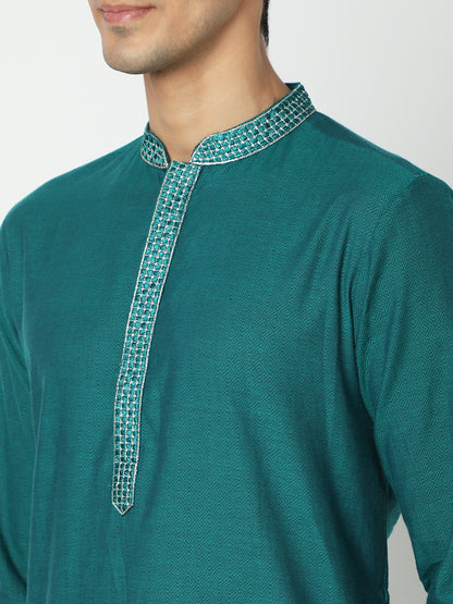 Men's Bottle Green Cotton Embroidered Kurta