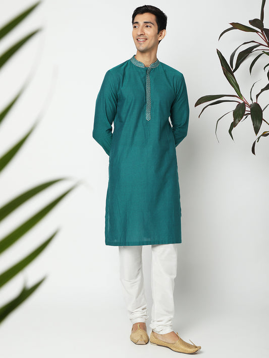 Men's Bottle Green Cotton Embroidered Kurta