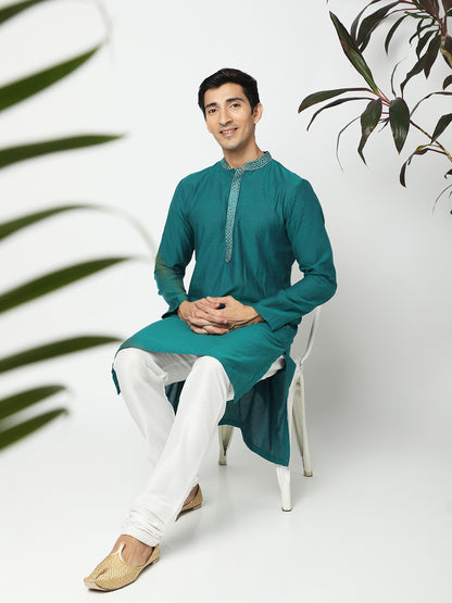 Men's Bottle Green Cotton Embroidered Kurta