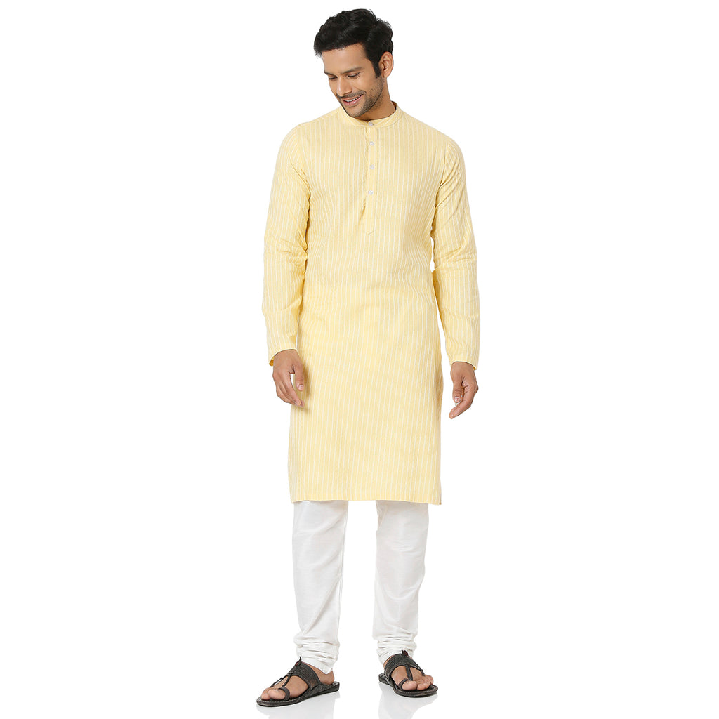 Men's Yellow Cotton Dobby Striped Kurta