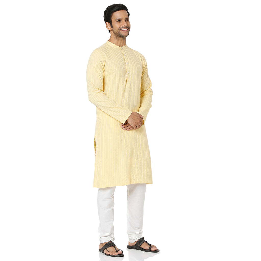 Men's Yellow Cotton Dobby Striped Kurta