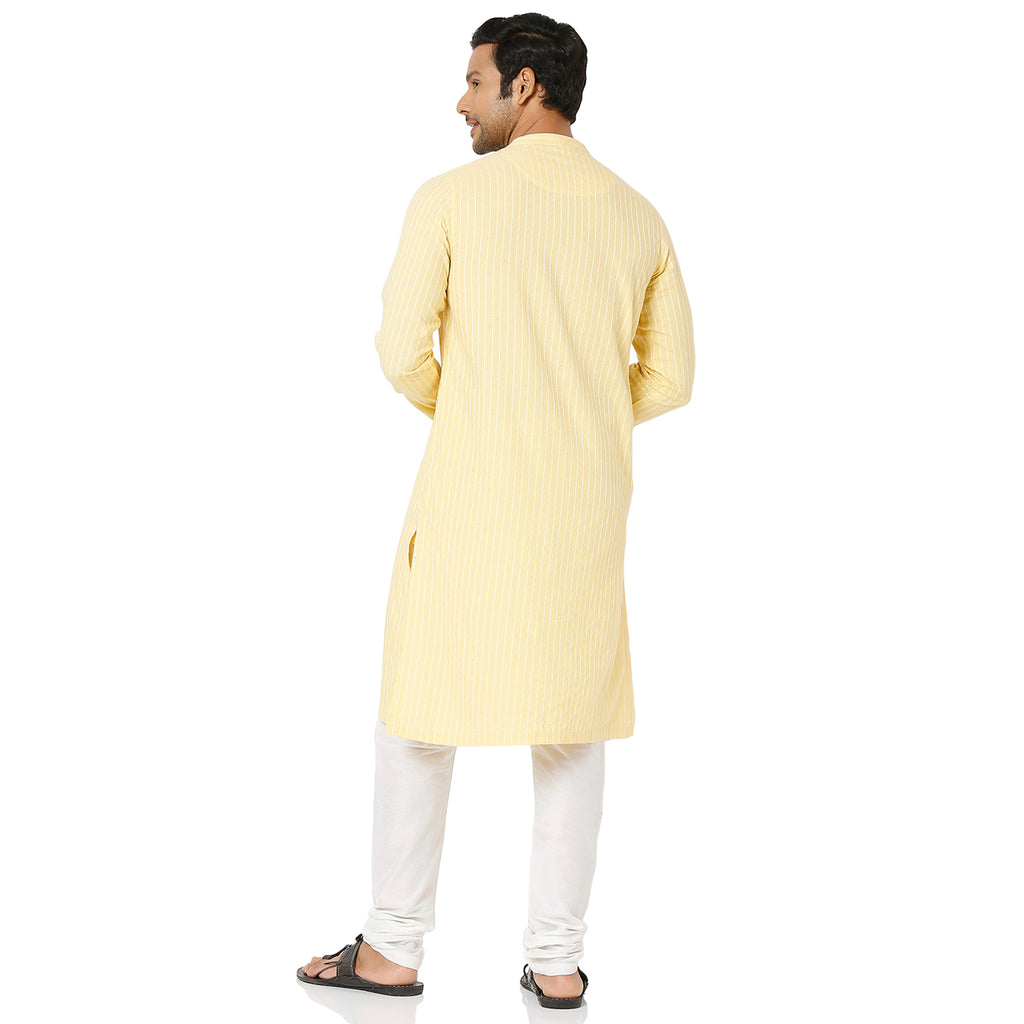 Men's Yellow Cotton Dobby Striped Kurta