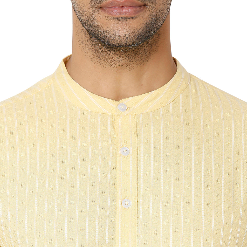 Men's Yellow Cotton Dobby Striped Kurta