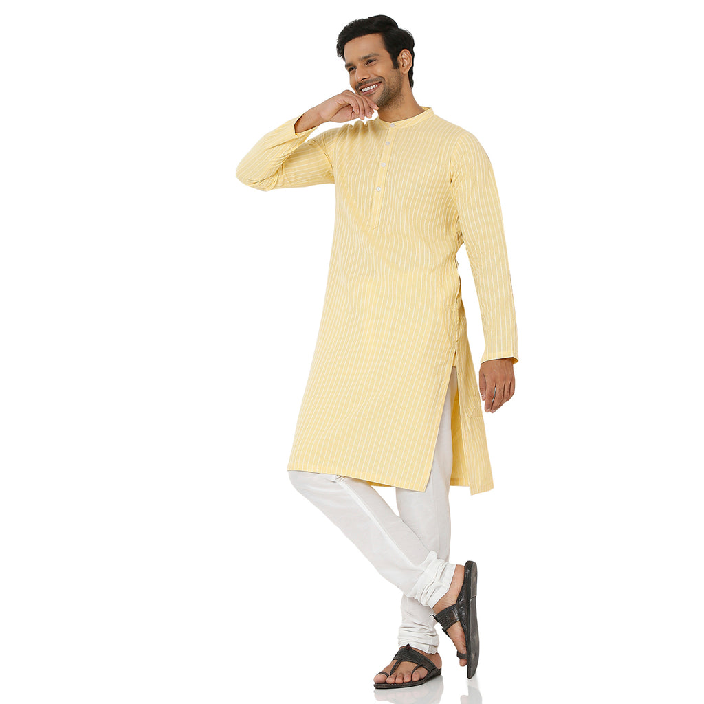 Men's Yellow Cotton Dobby Striped Kurta
