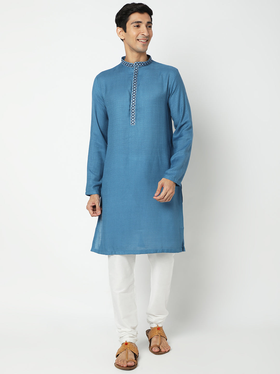 Men's Blue Viscose Embroidered Kurta