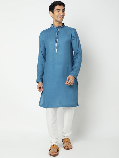 Men's Blue Viscose Embroidered Kurta
