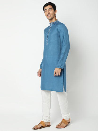 Men's Blue Viscose Embroidered Kurta