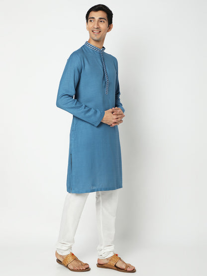 Men's Blue Viscose Embroidered Kurta