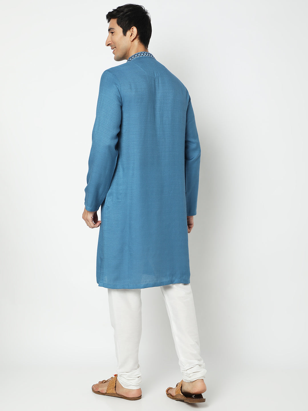 Men's Blue Viscose Embroidered Kurta