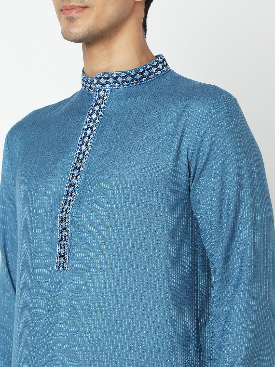 Men's Blue Viscose Embroidered Kurta