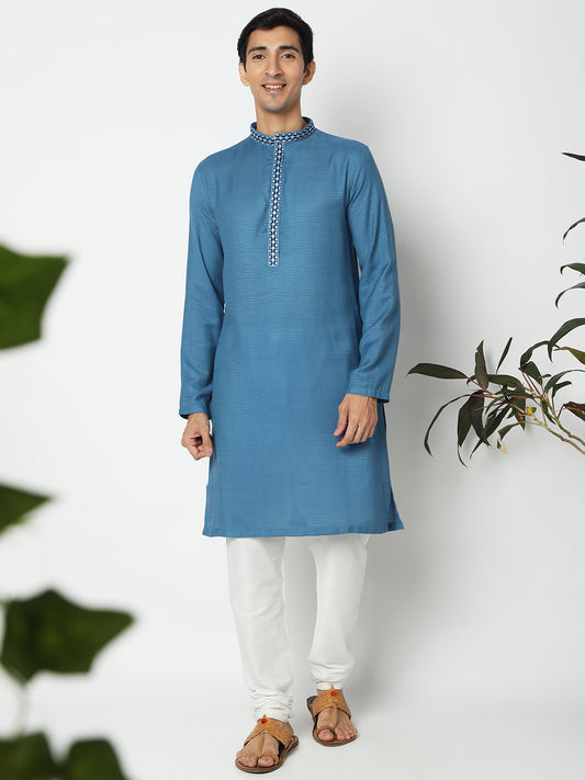 Men's Blue Viscose Embroidered Kurta