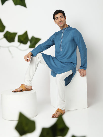 Men's Blue Viscose Embroidered Kurta