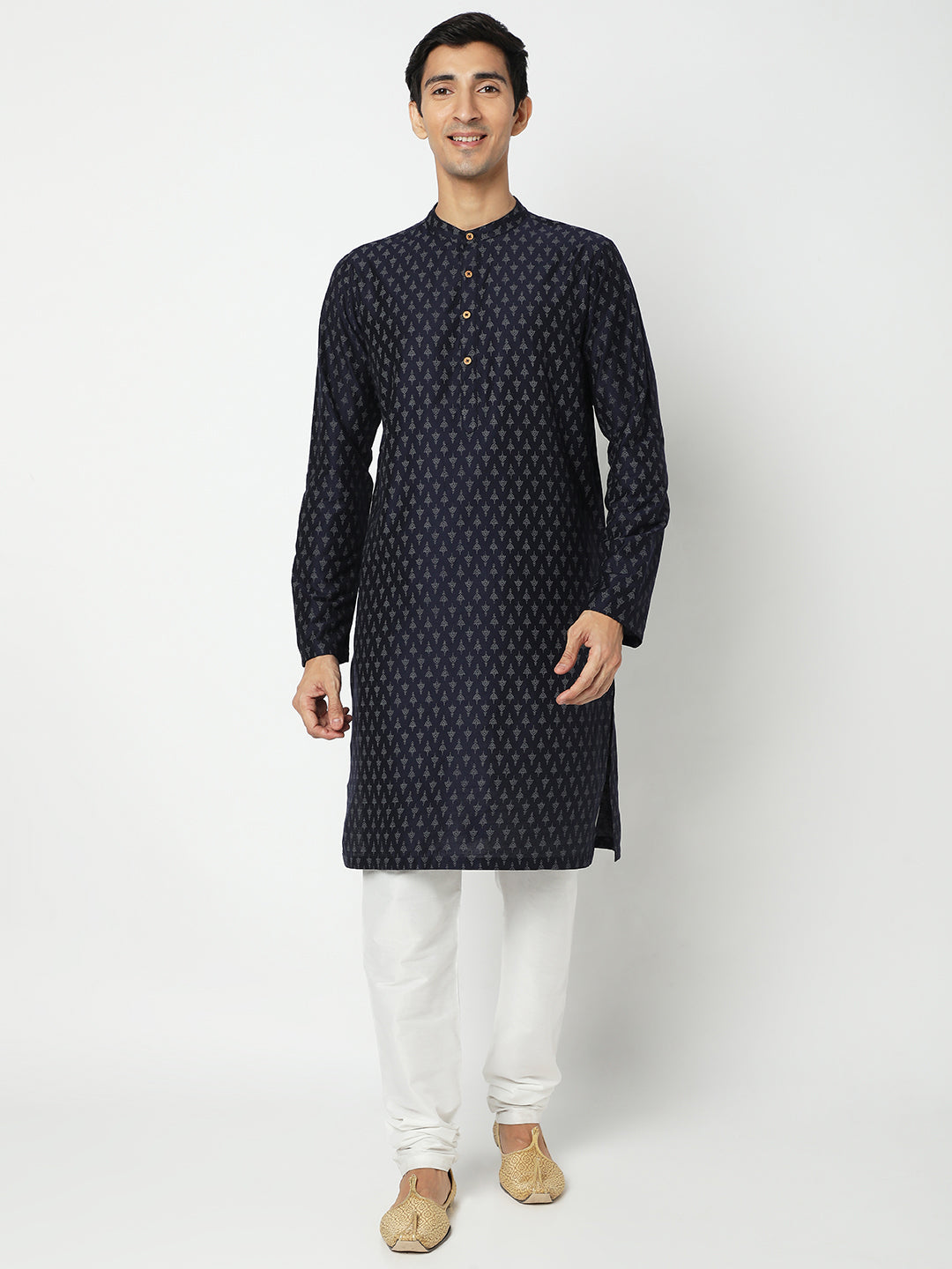 Men's Navy Blue Polyester Viscose Printed Kurta