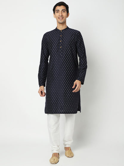 Men's Navy Blue Polyester Viscose Printed Kurta