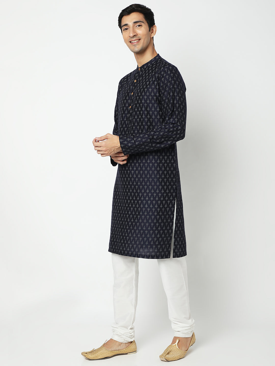 Men's Navy Blue Polyester Viscose Printed Kurta