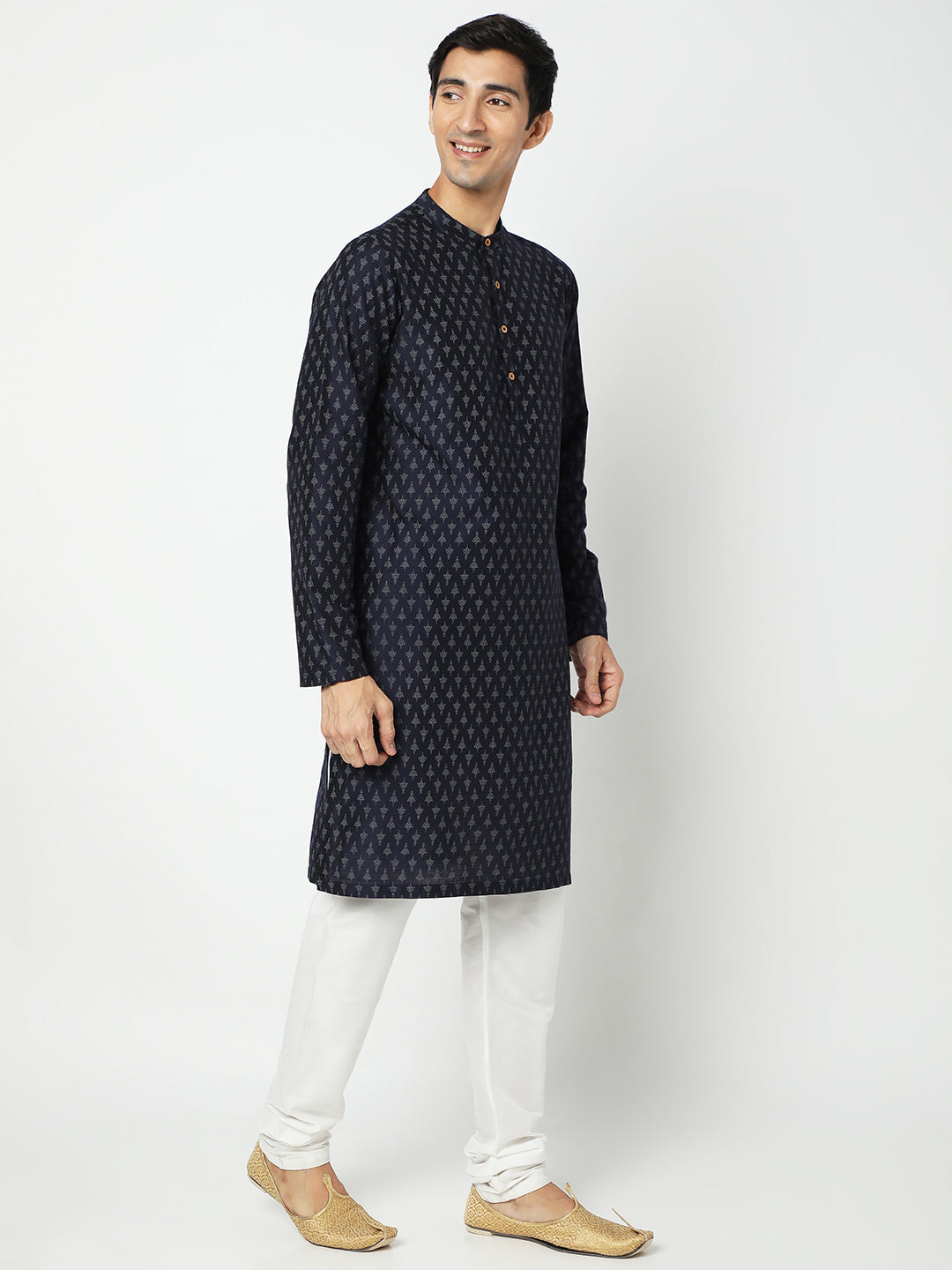 Men's Navy Blue Polyester Viscose Printed Kurta