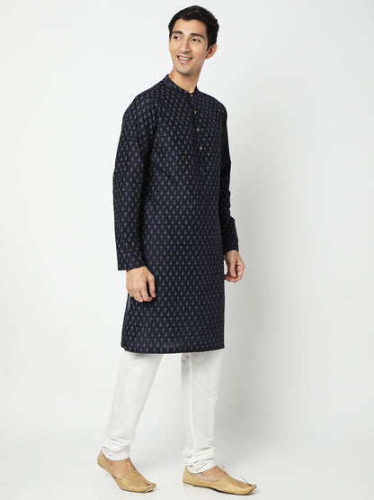 Men's Navy Blue Polyester Viscose Printed Kurta